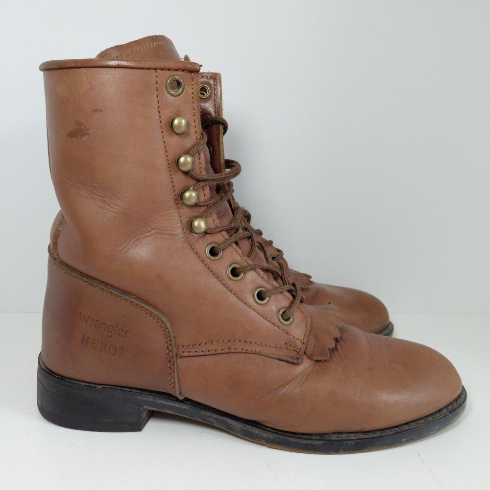 VTG Wrangler Hero Brown Leather Lace-up Western Boots Mens Size 9.5